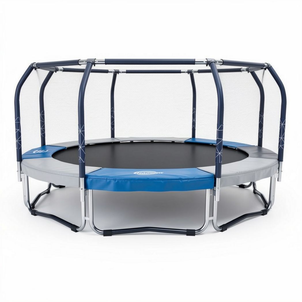 Trampolina o średnicy 400 cm z siatką ochronną i stalową ramą w kolorze niebieskim